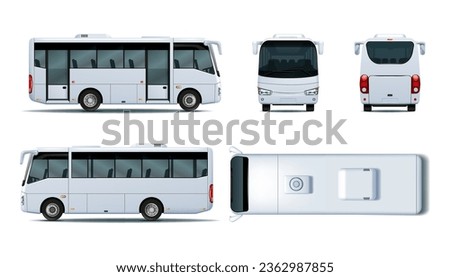 Mini bus mockup. Minibus different view, back side, top and front. 3D car mock up, public micro bus, door and windows, microbus track. Vehicle branding, corporate identity. Vector template