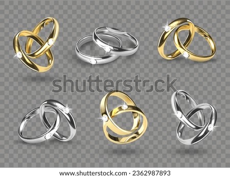Silver, gold wedding rings. 3d jewellery, golden symbol of marriage, groom and bride ceremonial engagement glossy accessories. Couple shiny accessory. Vector realistic illustration