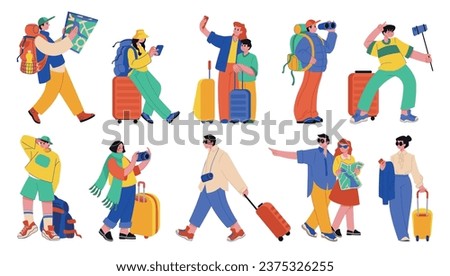 Travel characters. Tourism, walking persons with baggage and backpack, happy woman and man with luggage and phone on excursion or in airport. Cartoon flat style isolated vector set