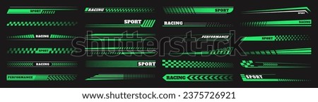 Car race stripes. Speed line stickers. Graphic sport decal elements for motorcycle. Motor racing design. Auto checker. Automobile decoration. Rally dynamic motion. Vector ribbon borders set