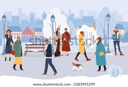 Winter park. Snow cityscape. Family walk outdoor. Ski season. People on nature activity. Snowman and snowdrift. Characters in trendy outerwear. Friends stroll with dog. Vector background