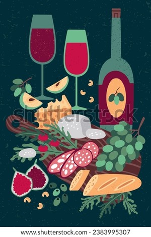 Wine bottle. Cheese, bread and grape. Festival banner, glass and sausage delicacy poster, ham and vegetables, french annual autumn. Alcohol menu covers. Vector background