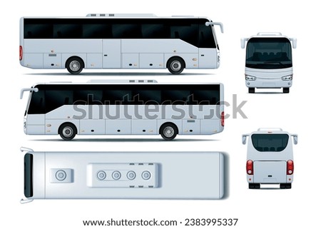 Bus mockup. Top view, coach car, sides of vehicle, truck mock up, front and back, big travel autobus, branding identity. Realistic auto. Vector template, 3d isolated transport illustration