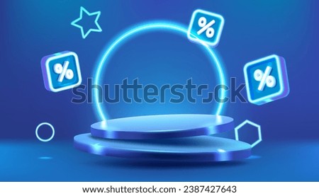 Sale background. 3D blue podium. Product exhibition. Discount percent. Shopping offer. Neon light frame. Shop promotion. Glowing showcase. Empty cylinder pedestal. Vector banner design