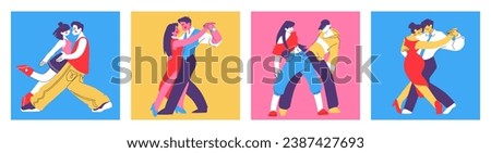 Dancing people. Music, contemporary couple characters, passion in relationships, young woman and man in love. Disco party boys and girls cartoon flat isolated illustration. Vector abstract set