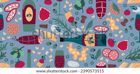 Wine pattern. Delicious food, cheese, grape and bottle, cork for festival of france, sausage and alcohol glass. Decor textile, wrapping paper, wallpaper design. Vector seamless design