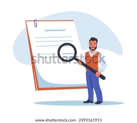 Contract check. Man with magnifying glass reading business document. Agreement audit. Male analyzing deal text. Legal review. Mistakes and fraud search. Papers revision. Vector concept
