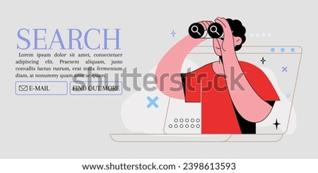 Binocular search. Line person, job and web business data, ui internet link, content seo and people. Man looking through binoculars or spyglasses, find opportunities. Vector design illustration