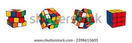 Rubik cube. Puzzle toy. Play mind game. Random combinations. Entertainment of difficult solved problems. Intelligence concept. Square shape. Intellectual riddle. Vector logic symbols set