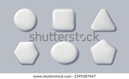 3D buttons. White pin badge. Plastic glossy frame for label or logo. Blank push empty sign. Triangle and circle stickers. Interface icons. Geometric shapes set. Vector realistic mockup