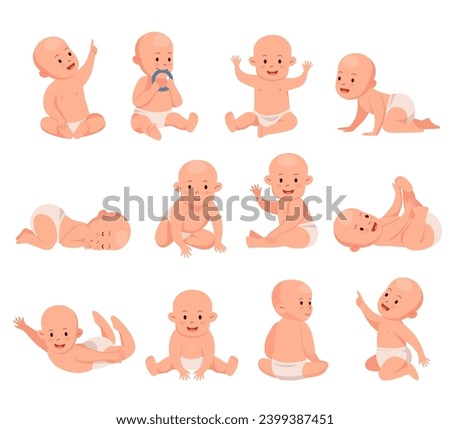 Cute baby. Newborn toddler. Happy infant in diaper. Girl crawling or sleeping. Daughter growth. Kid sitting and playing. Children poses and actions set. Vector cartoon illustration