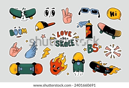 Skate stickers. Cool skateboard sport. Street skater prints for summer T-shirt. Board with art quote patches. Skateboarding labels. Trendy badges design set. Vector graphic illustrations