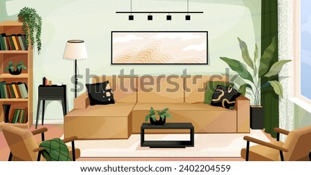 Room interior. Home furniture. House windows with curtains. Cozy sofa and armchair. Scandinavian modern decor. Plants in flowerpots. Wooden bookcase. Picture at wall. Vector flat design