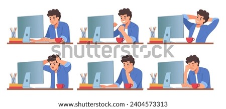 Man work character. Computer at desk, young male employee working on laptop, sad or stress, happy and angry emotions, tired office person face. Vector cartoon illustration, business concept