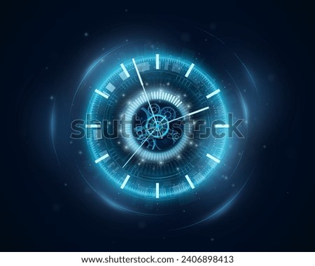 Time machine. Neon clock. Watch dial. Abstract future timepiece face with modern glow. Old chronometer. Blue light. Timer countdown. Cyber technology. Shiny clockwork. Vector background