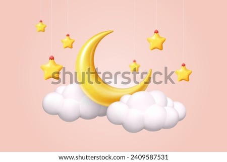 3D moon. Night sleep. Crescent and fluffy clouds. Hanging yellow stars. Baby zzz dream. Weather forecast. Bedtime relaxation. Render cloudscape. Space elements. Vector cartoon icons