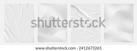 Paper poster. Wrinkle mockup effect, wet old plastic glued wall, old white grunge texture, glue with crease, blank sheet. Blank document template. Vector transparent background