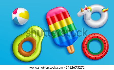 Pool floats. 3D summer beach inflatable ball. Water swim tube and fruit. Top view. Sea ring and donut. Inflated ice cream. Watermelon and avocado shapes. Vector render elements set