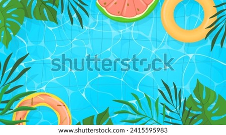 Summer pool. Fun swim background water for summertime party invite or sale, pink tubes float on waves, green tropical leaves. Watermelon and donut rings. Copy space. Vector illustration