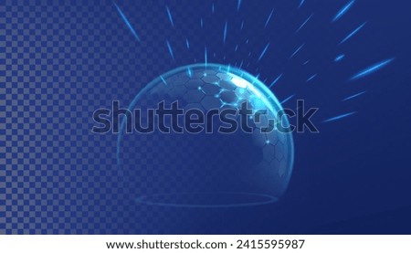 Bubble shield. Protect light dome sphere. Hexagon circle barrier with 3D glass effect. Secure ball cover. Ultraviolet protection border. Medical care layer. Vector abstract background