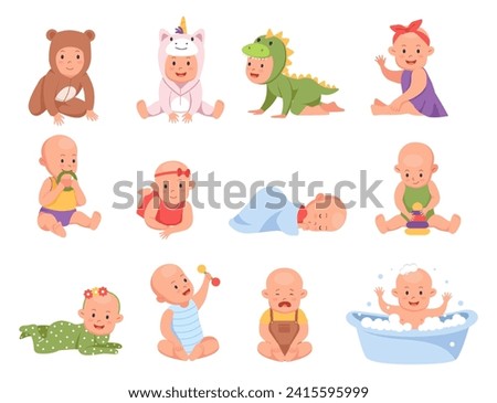 Cute baby. Newborn toddler. Infant character sleeping or bathing. Happy boy in diaper. Family small kid care. Girl playing with toy. Children poses or actions set. Vector illustration