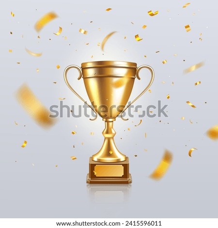 Trophy award. Champion winner cup, 3d gold soccer victory prize, tournament win golden confetti. Victory goblet. Championship success symbol. Isolated element. Vector realistic reward