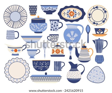 Kitchen ceramic. Dining utensil. Patterned dishes. Porcelain cup or jug. Tableware ornament. Bowl and plate. Household cooking spoon. Teapot and glass mug. Vector cartoon crockery set