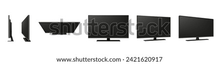 Smart TV. Television plasma screen. Realistic monitor view angles. 3D led 4K electronic or black LCD computer display. Wall frame. Isolated multimedia equipment. Vector mockups set