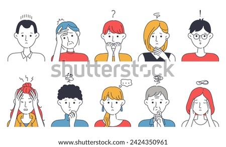 Worry persons. Anxiety men and women portraits. Stress of troubles. Unhappy emotion expressions. Think or explanation business questions. Tired employees. Vector simple illustrations set