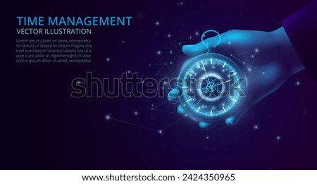 Digital clock. Low poly watch. Time management. Clockwork technology for business. Polygon timepiece in hand. 3D wireframe. Blue light chronometer. Accuracy stopwatch. Vector background