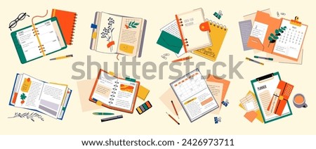 Diary notebook. Book hand note by pen write doodle on school paper page, trendy open notepad. Top view isolated elements. Office or school stationery, daily and weekly organizer. Vector icons