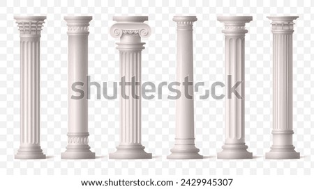 Greek pillars. Roman ancient columns from 3d marble greece temple, antique corinthian sculpture. Classic colonnade with carved stone. Vector isolated on transparent background illustration