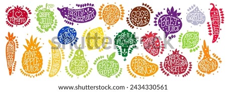 Fruit shapes. Vegan food. Vegetable color stickers with lettering. Carrot or broccoli. Recipe logo. Grape jelly. Fresh ripe orange. Vintage tomato and apple icons. Vector meal stamps set