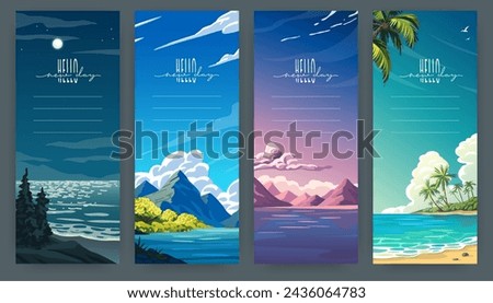 Sea beach. Summer ocean vacation with sunset, landscape design background for resort banner. Night, sunset and day. Mountains with trees and clouds on background. Vector vertical posters set