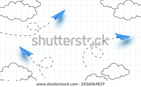 School background. 3D paper plane. Back to education for children notebook or study book. Flying airplane with dotted track. Travel pattern. Line sky clouds. Vector abstract concept