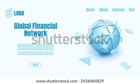 Global world. Financial network. Payment map or trade foreign export. Website landing page. Digital economy invest globe. Finance transfer. Dollar transaction. Vector isometric banner