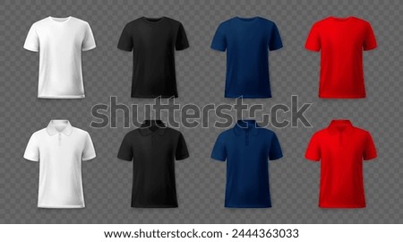 Sport tshirts. White t shirt clothes, short abstract cotton polo design, top sign for teenager dress shop. Black white blank textile for marketing branding. Realistic mockup. Vector template