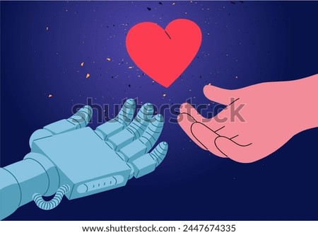 Human hand. Artificial intelligence machine. Arm giving red heart. Alien technology. Robot and people community. Love and art. Support palm. Generosity and assistance. Vector concept