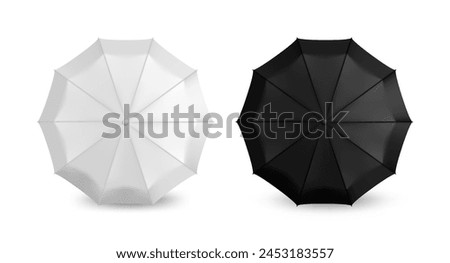 Realistic umbrella. Parasol mockup for branding. Opened waterproof sun canopy top view. Black and white blank design. Automatic tents. Vector rain protection 3D stylish accessories set