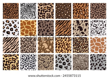 Animal print. Safari patterns, tiger skin texture. Wild giraffe, leopard zebra or jaguar fur, zoo stripes. Natural colors textile, wrapping paper, wallpaper. Print for fabric. Vector background