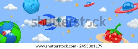 3D rocket. Cute space. Spaceship flight. Startup launch. Sky render shapes. Spacecraft speed flying. Stars or planets. Futuristic media. Earth satellite orbit. Vector cartoon background