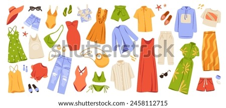 Summer cloth. Fashion garments. Casual dress, trousers and female bag. Cotton shirt and stylish bikini. Beach apparel for different travels. Trendy outfit. Vector summertime clothes set