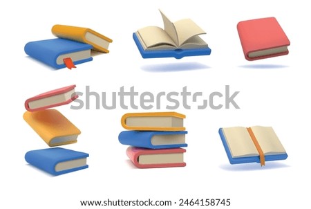 3d books. Open, closed notebook and magazine, encyclopedia or dictionary study, story read or school knowledge. Textbook stack. Cute minimal style render isolated elements. Vector icon set