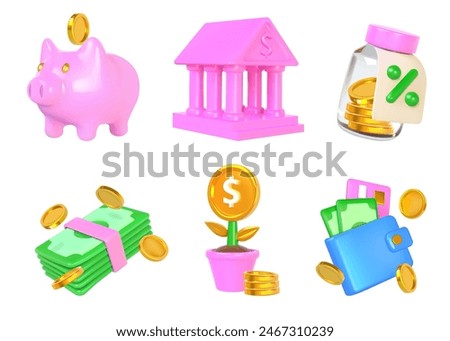 Money icons. 3D dollar coins and banknotes. Wallet bag. Jar for savings. Piggy bank. Cash loan sign. Invest finance and sack deposit. Banking building. Vector isolated render symbols set