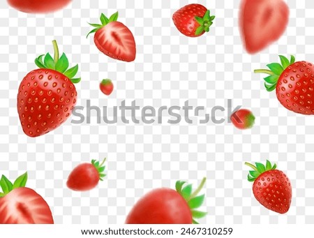 Strawberry background. Flying 3d fall slices for juice or jam advertising or packaging, red juicy food with fresh natural leaves, label decoration. Vector isolated in transparent backdrop