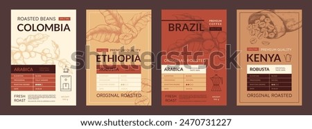 Coffee package. Bean label, vintage cafe cup or chocolate food plantation, espresso drink or arabica grain. Sketch style illustration. Caffeine product packaging template. Vector design logo