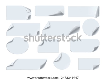 Paper stickers. White label. Peel off and fold tag. Circle and rectangle icons. Office stationery. Round and square badges with curled edges. Notepaper sticky pages. Vector reminders set