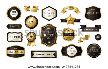 Gold label. Banner ribbon, icon and sticker in luxury 3d best design, exclusive premium sale offer. emblem and badge black and gold metallic colors. Product promotional discount. Vector signs