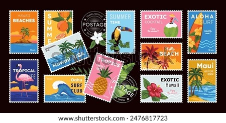 Tropic stamps. Postmarks with nature landscapes. Touristic location landmarks. Sea island beach. Palm trees. Tropical fruits and flowers. Postage seal. Vector postal stickers composition