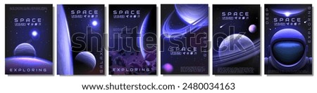 Space backgrounds. Galaxy exploration posters. Universe planets and stars. Astronaut spacesuit. Cartoon Earth in sky with colorful gradients. Cosmic discovery. Vector banners design set